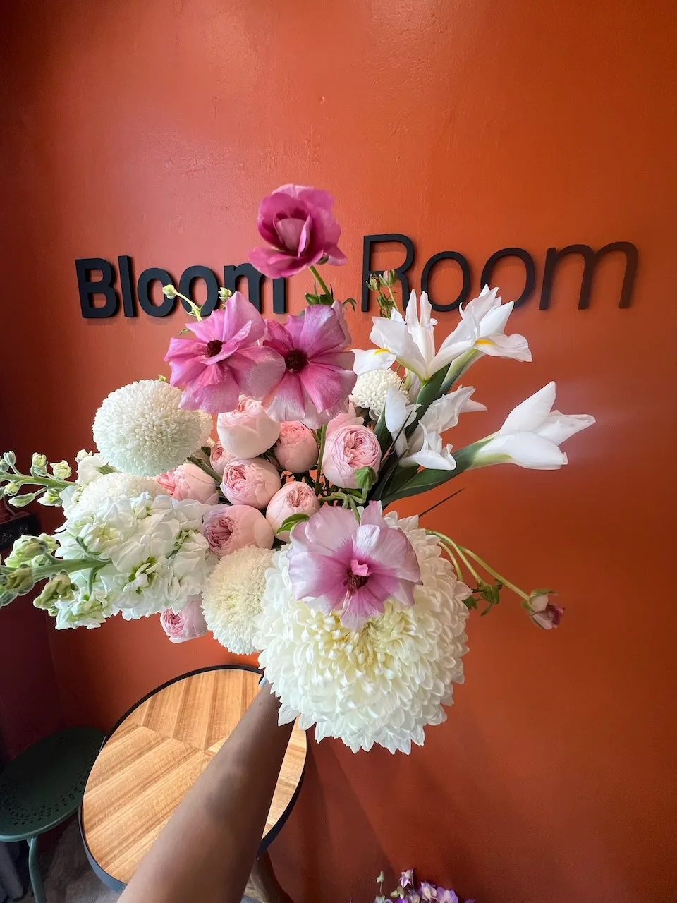 Pastel mixed bouquet with anemones, garden roses and white dahlia